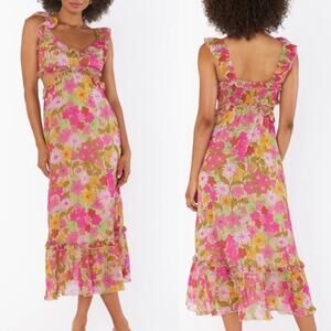 Show Me Your Mumu Pink Floral Maxi Dress Ruffle Cutout Small Boho Cottagecore